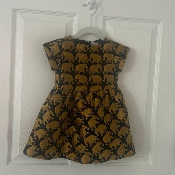 Crewcuts J. Crew Girl’s Sz 2 Festive Party Dress Elephants Gold Black Lined 2015 - Picture 1 of 7